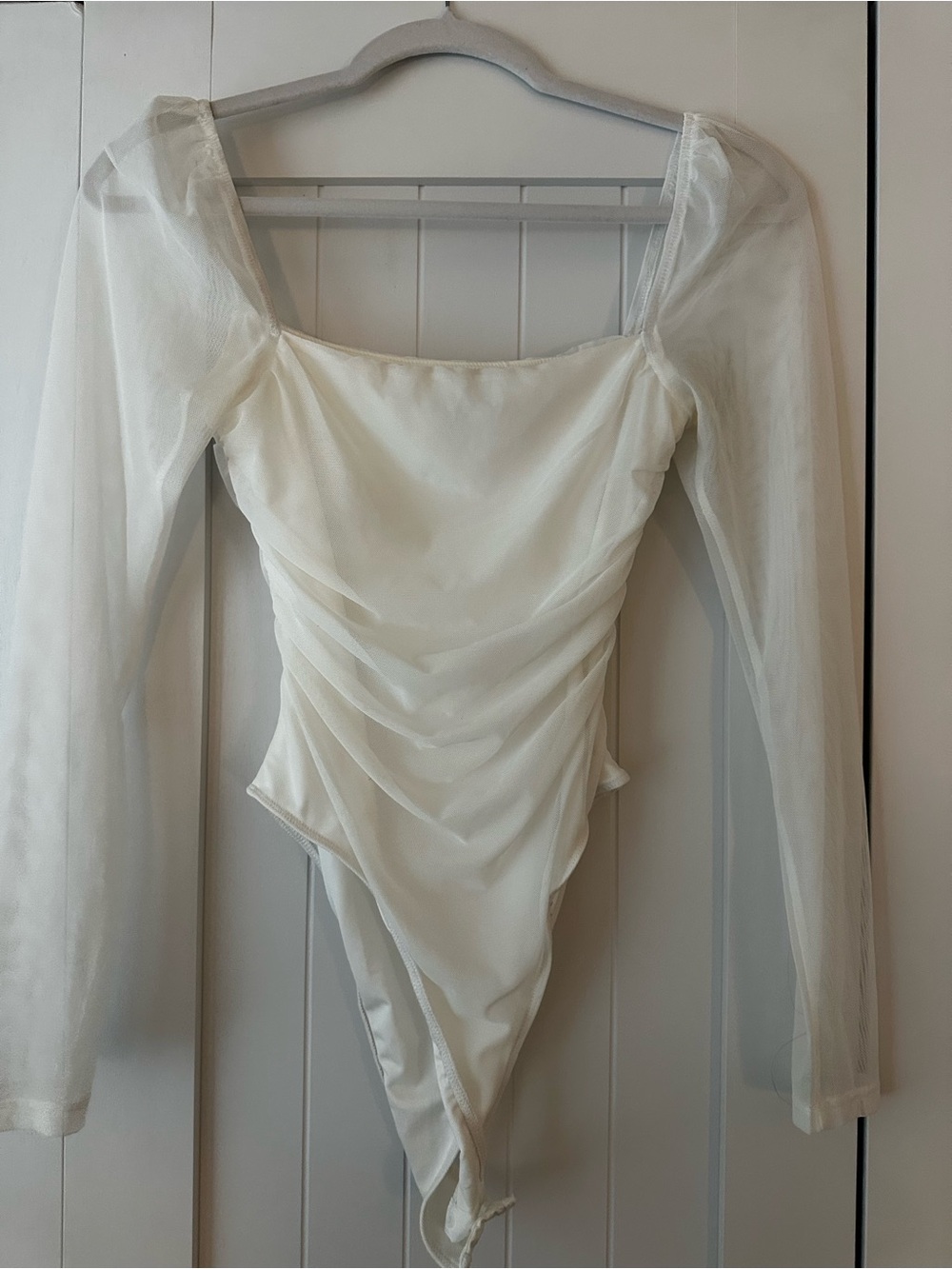 Princess Polly Ivory Sheer Ruched Square Neck Bodysuit